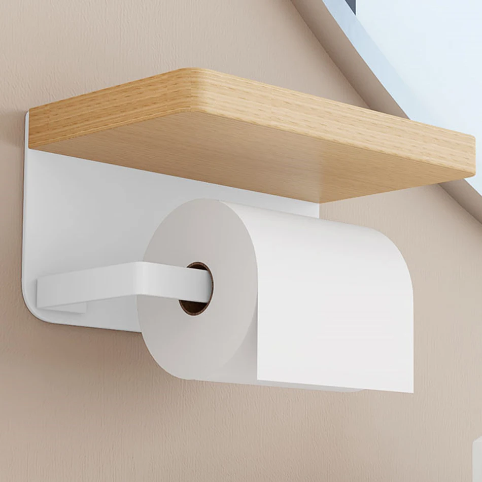 

White Paper Rack Wood Black Aluminum Wall Mounted Kitchen Bathroom Toilet Paper Towel Holder with Shelf Tissue Roll Hanger