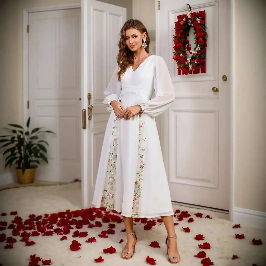 新しい白ふわふわスカート多用途 V ネックランタンスリーブミッドレングススカート宴会結婚式花嫁ギフトパーティーイスラムエレガント