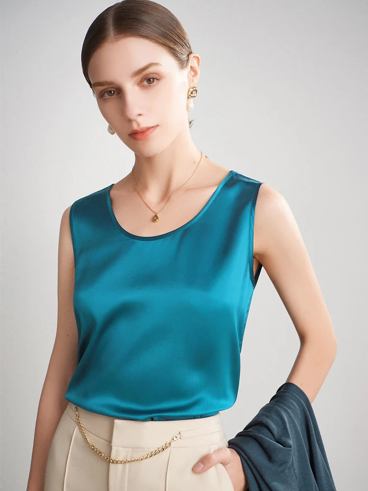 SuyaDream. Women Basic Cozy Tanks, 100% Real Silk, O Neck Sleeveless Chic T Shirt, 2025 Solid Summer Vests, White, Pink, Beige