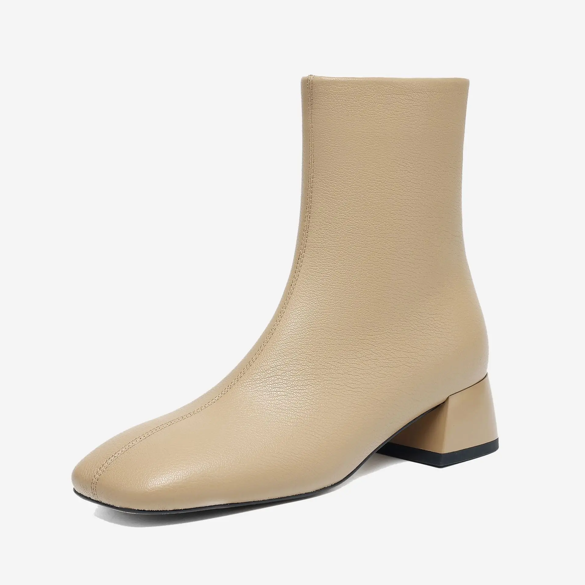 Square Head Thick Heel Short Boots Women's Gentle Apricot Soft Leather Side Zipper Versatile Temperament Commuting Thin Boots