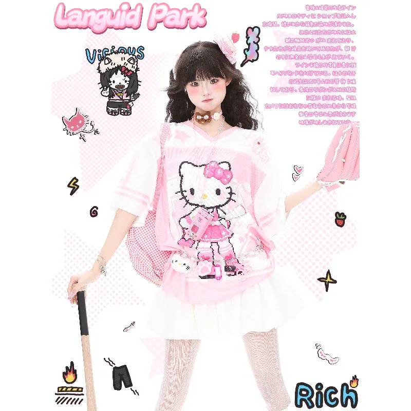 

Miniso Розовая рубашка с v-образным вырезом, футболка с коротким рукавом, женский летний топ HelloKitty