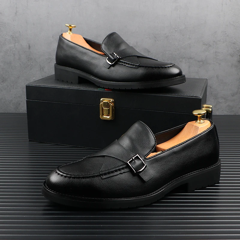 

men casual original leather shoes slip-on monk shoe brand designer summer loafers party prom dress black stylish mans footwear