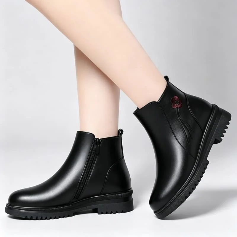 4cm Big Size 35-43 Elegant Genuine Leather Boots Flat Platform Shoes 2026 Winter Women's Warm Wool Fur Ankle Boots Mom Shoes