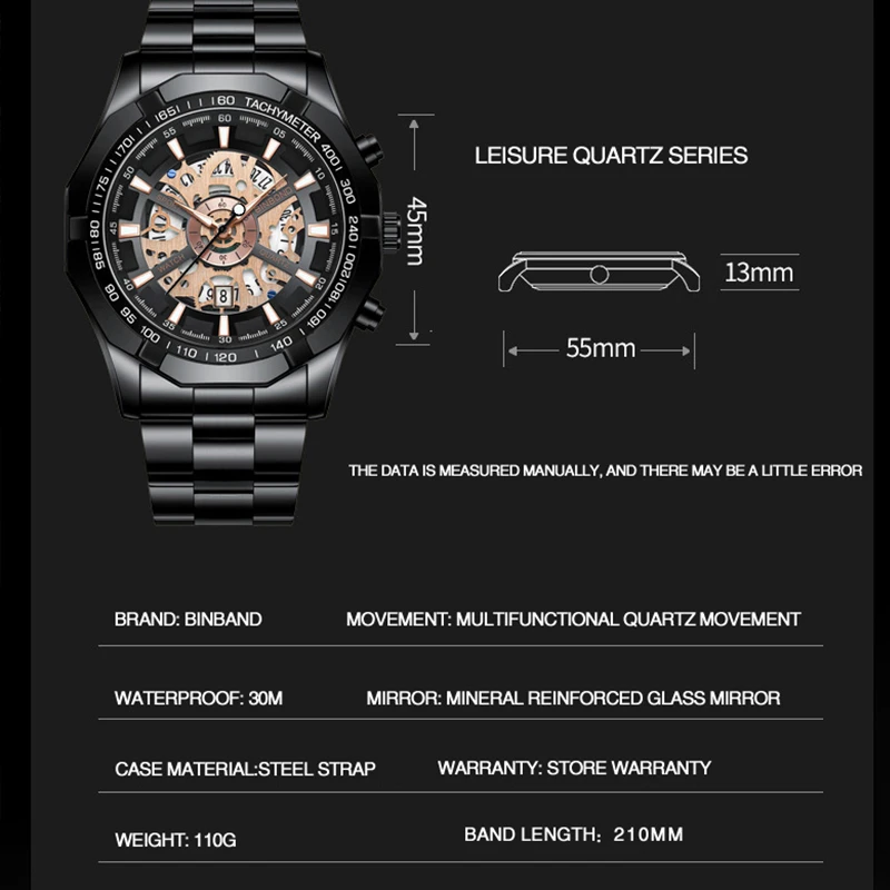 BINBOND-S033 Montres à quartz pour hommes, Creux, Non mécanique, Business, 30m, Étanche, Design ChimHollow, Luxe, Irritation