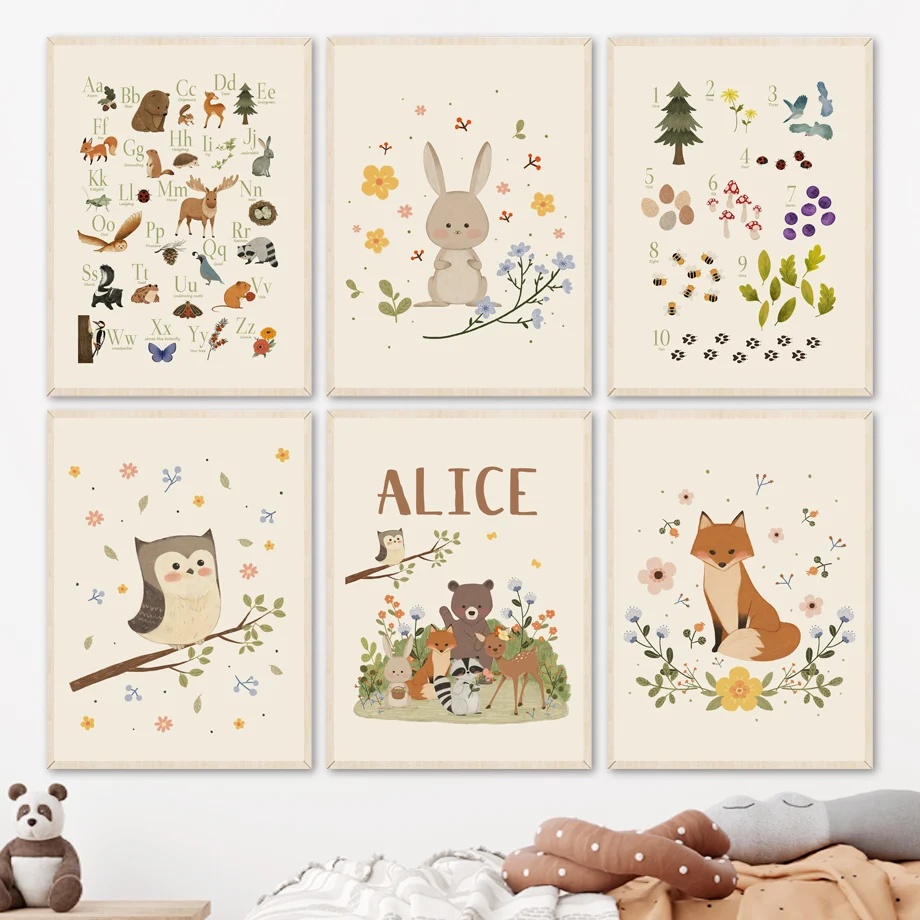 1pc frameless Cute Rabbit Fox Owl Bear Alphabet Number Nursery Wall Art Canvas Painting Animal Posters and Prints Picture Baby K