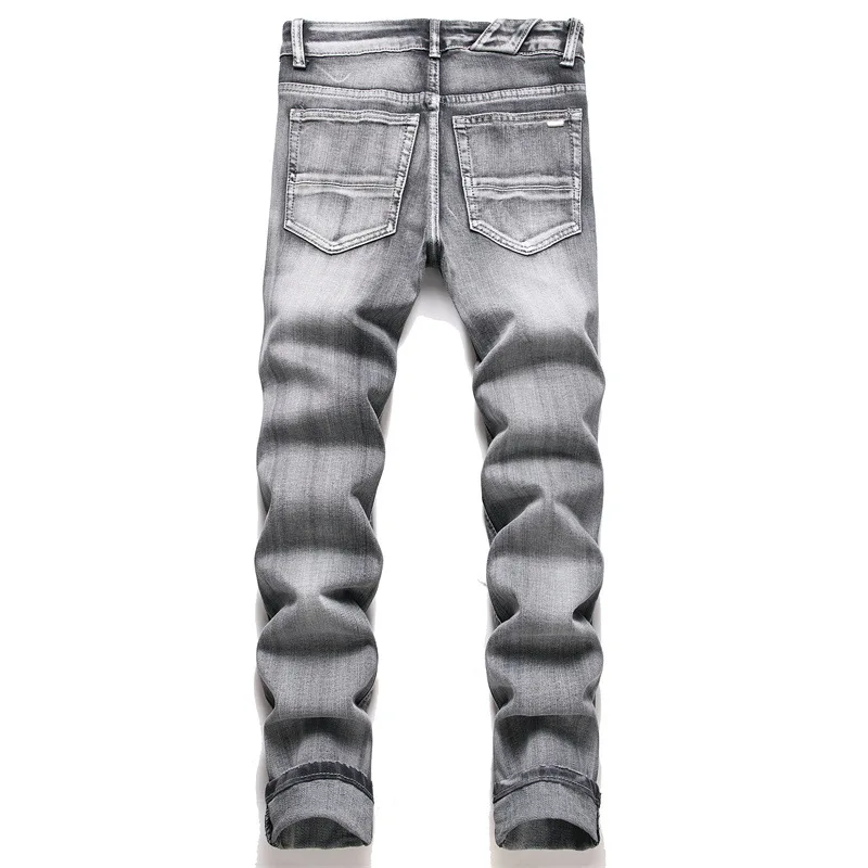 2024 Punk New Mens Straight Hole Ripped Jeans Distressed Denim Pants Men Fashion Hip Hop Patchwork Embroidered Grey Cotton Jeans