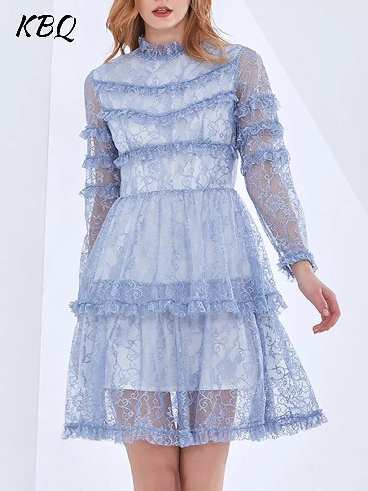 

KBQ-Elegant Spliced Lace Dress for Women, Stand Collar, Long Sleeve,High Waist,Patchwork,Edible Tree Fungus,Solid Dresses,Female