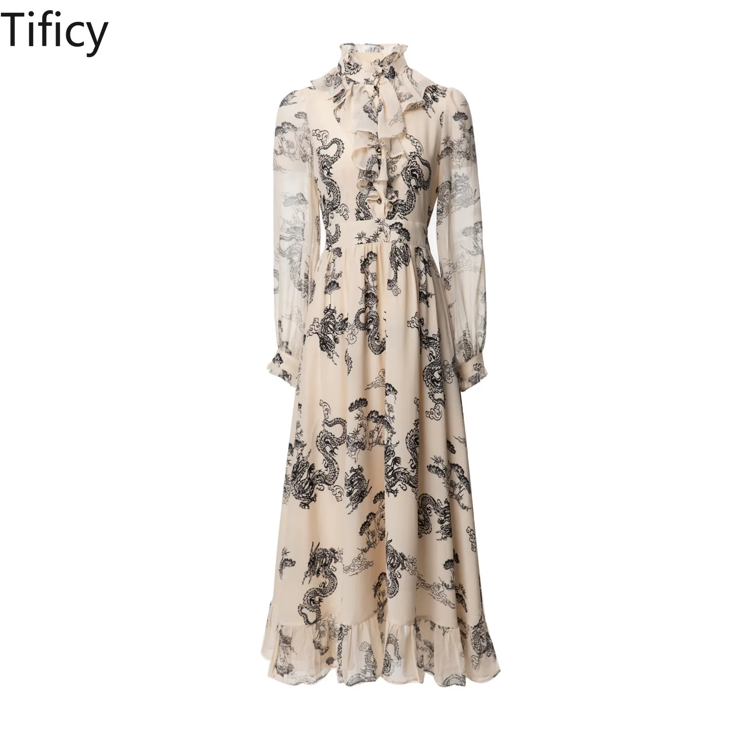 High Quality Spring and Summer New Women Stand-up Collar Long Sleeve Abstract Panlong Printed Lotus Leaf Ladies Dresses