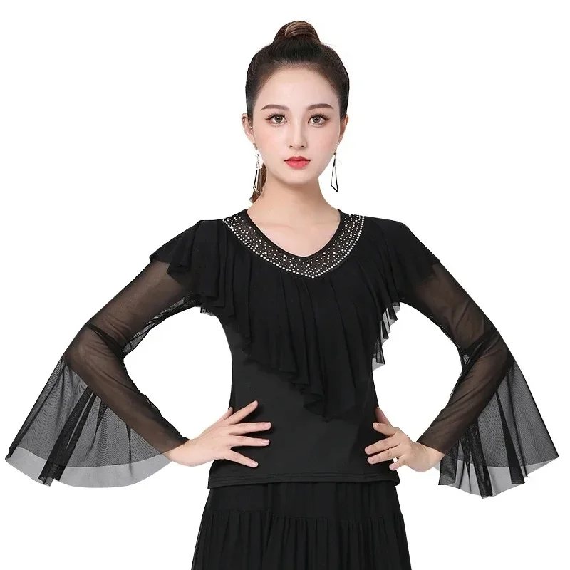 Long Sleeve Dance Tops For Women Solid Color Diamond Polished Lace V-Neck Latin Ballroom Dancewear