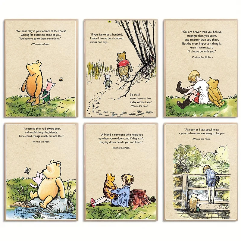 6Pcs Miniso Disney Tigger Piglet Winnie Pooh Poster and Prints Canvas Paintings Living Room Decor Wall Art  Home Decor Unframed