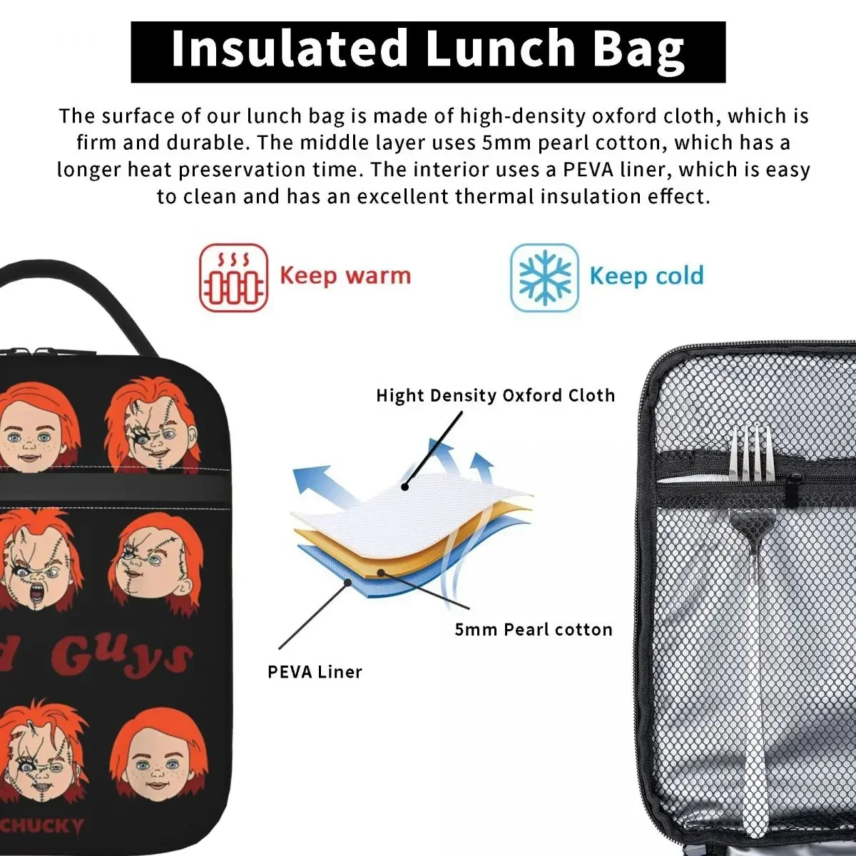 Chucky Good Guys Faces Thermal Insulated Lunch Bag for Office Horror Movie Portable Food Bag Cooler Thermal Lunch Boxes