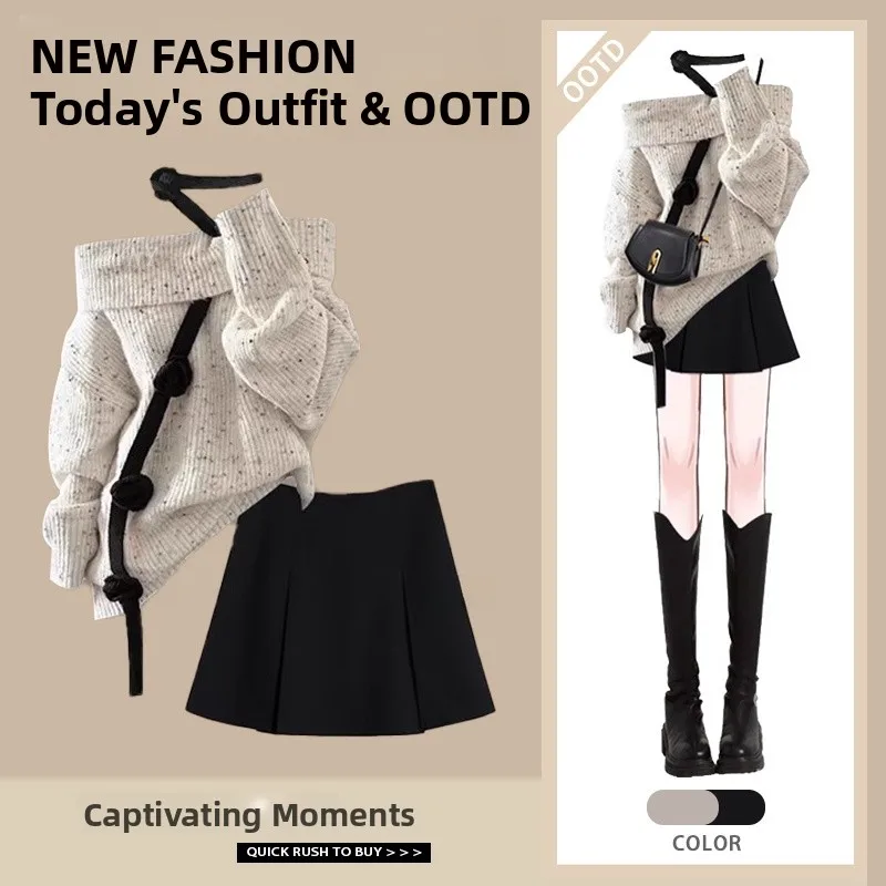 

Женский осенне-зимний комплект: свитер с открытыми плечами средней длины и юбка с плиссировкой, стройнящий силуэт, в стиле кэжуал