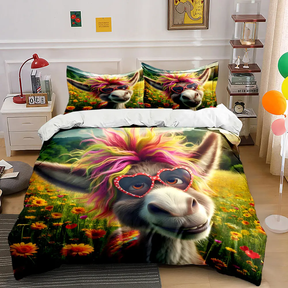 Rainbow Donkey in Vibrant Flower Field Print Bedding Set 1 Duvet Cover 2 Pillowcases for Adult and Children Luxury Gift