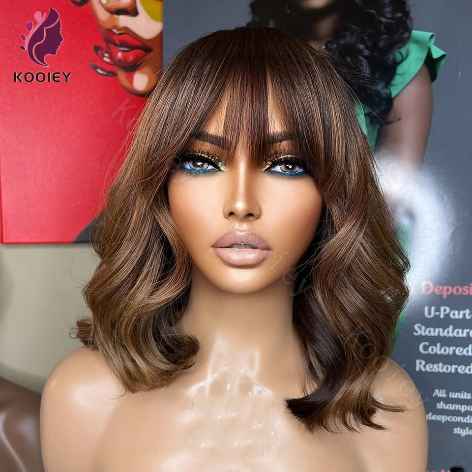 

Fringe 13x6 Lace Frontal Wig Human Hair Honey Blonde Highlight Body Wave 5x5 Silk Base Lace Closure Glueless Short Bob Wavy Wig