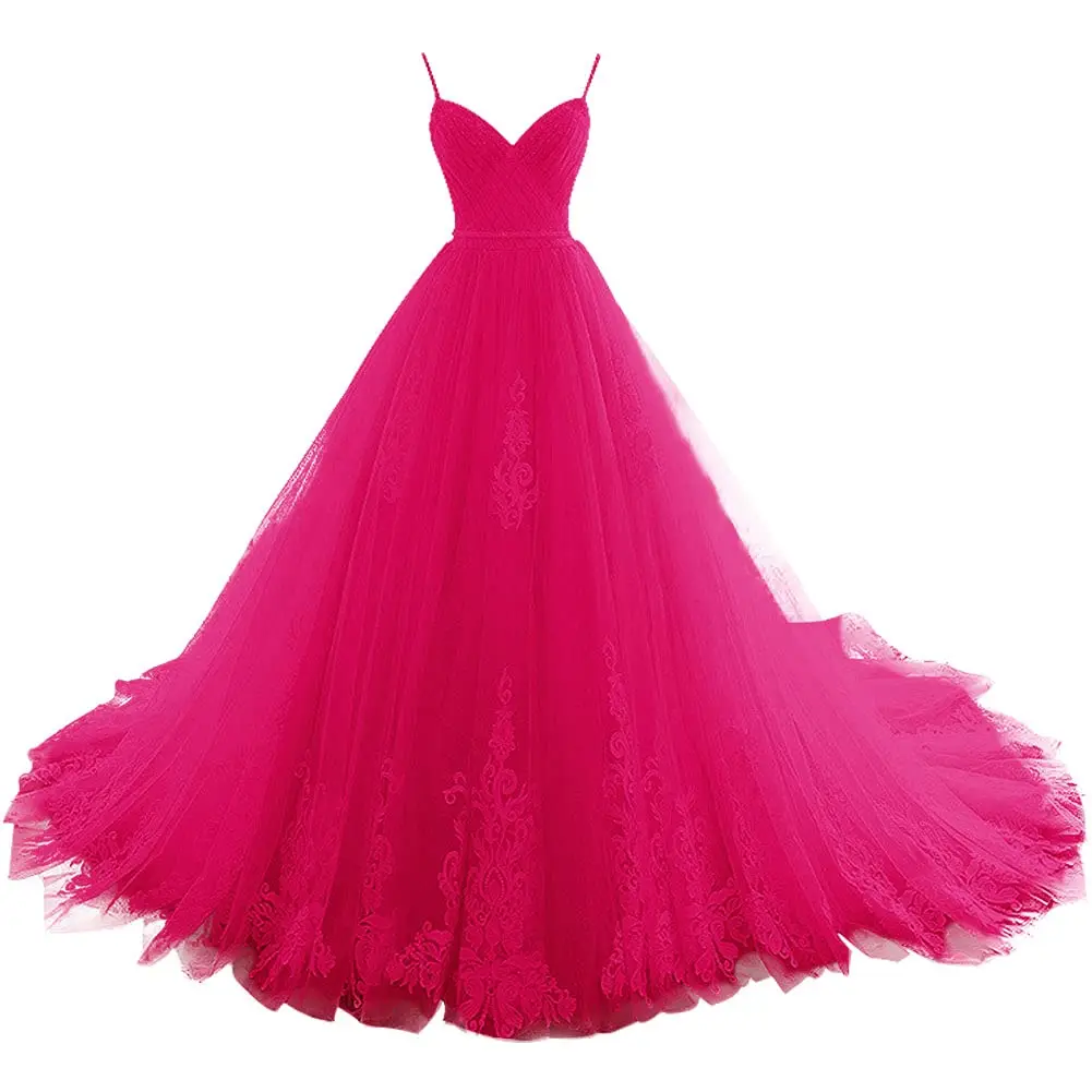 BM Long V Neck Quinceanera Dresses Tulle Formal Evening Gowns Appliques Pleat Princess Prom Party Sweet 16 Vestido 15 Anos