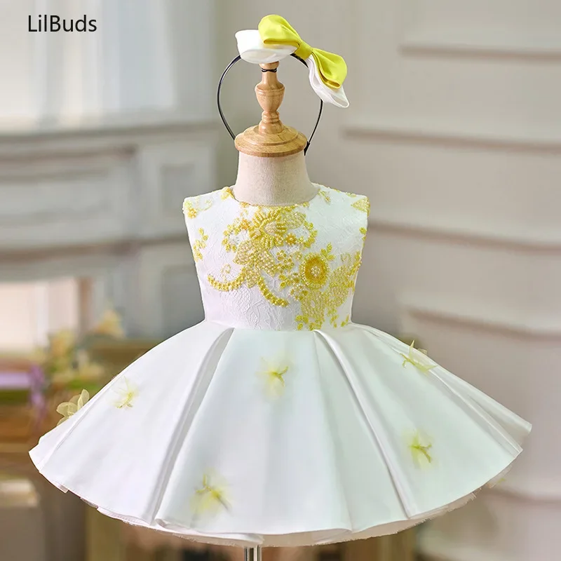 

2024 Kids Children's Year Old Costumes New Beaded Girl's Outfits Satin Princess Elegant Dresses Baby's Birthday Party Clothes