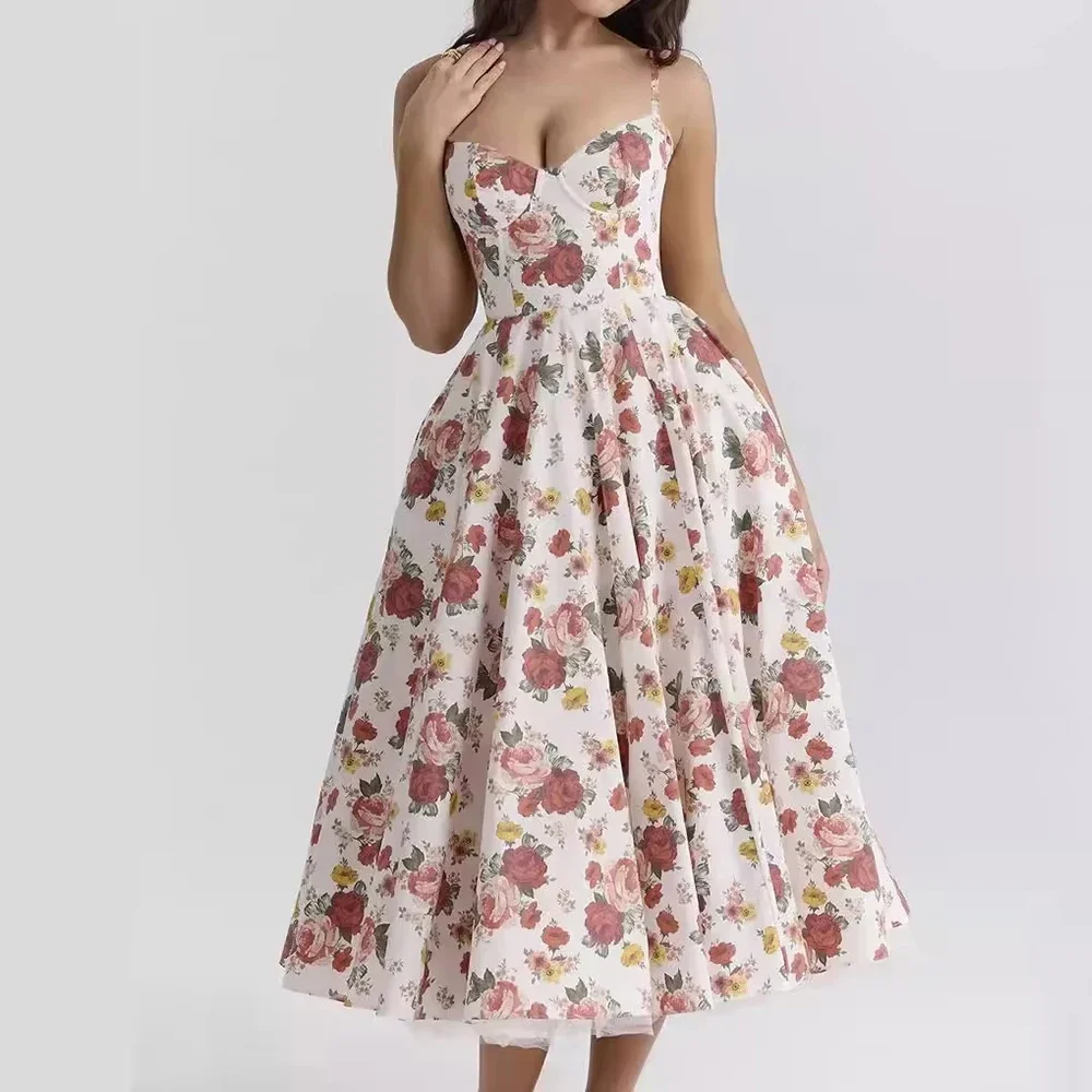 CPSYMYM vestidos Primavera Verano Retro Vintage Skinny Fit Ditsy Floral sin mangas escote corazón Midi Cami vestidos para mujer