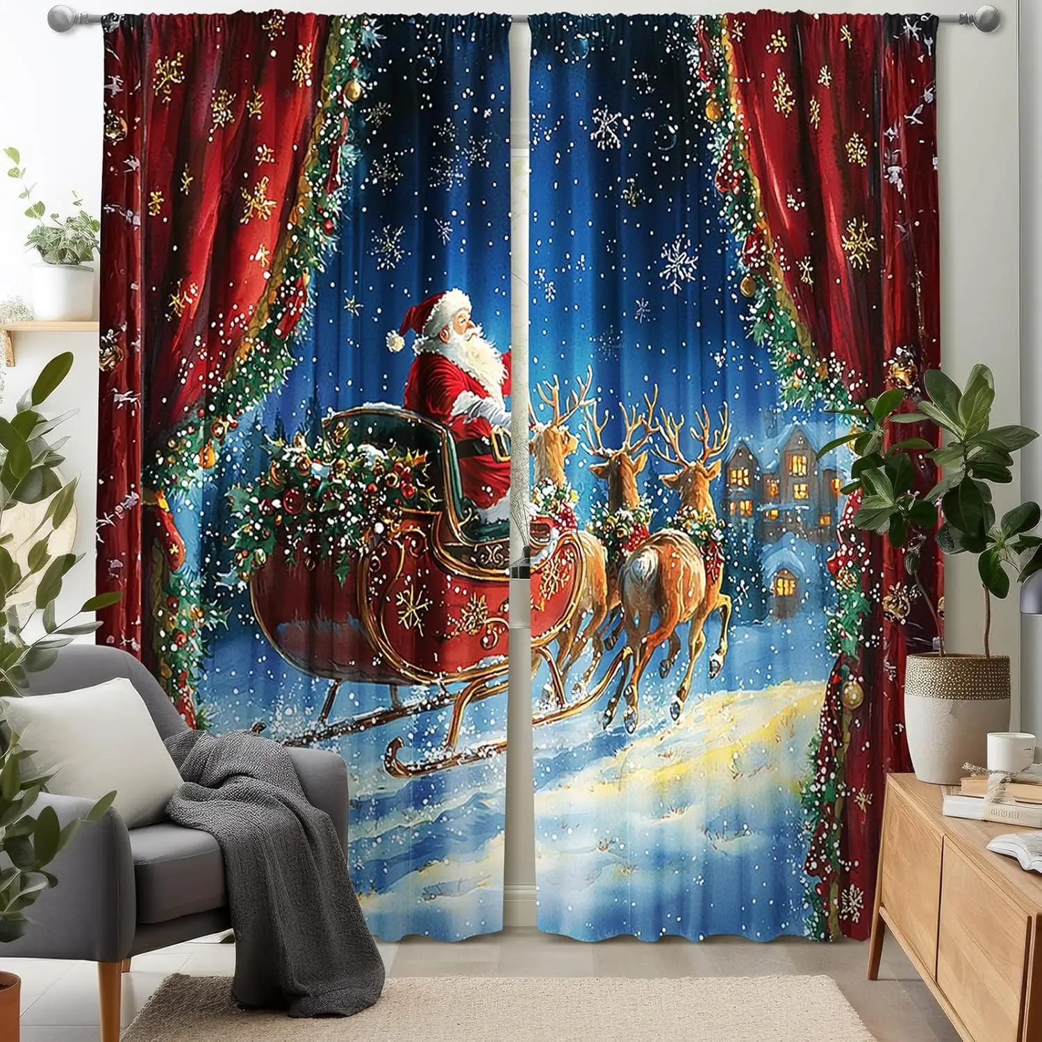 Christmas Window Curtains Reindeer Curtain Farmhouse Xmas Santa Claus Sleigh Decorative Window Drapes for Holiday Living Room