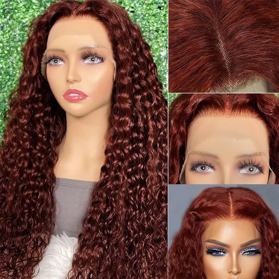 HD Lace Frontal Peruca Encaracolada, Castanho avermelhado, Cabelo Humano Kinky, Castanho Escuro, Cobre Vermelho, Pré Arrancado, 13x6, 13x4, 13x4, 40"