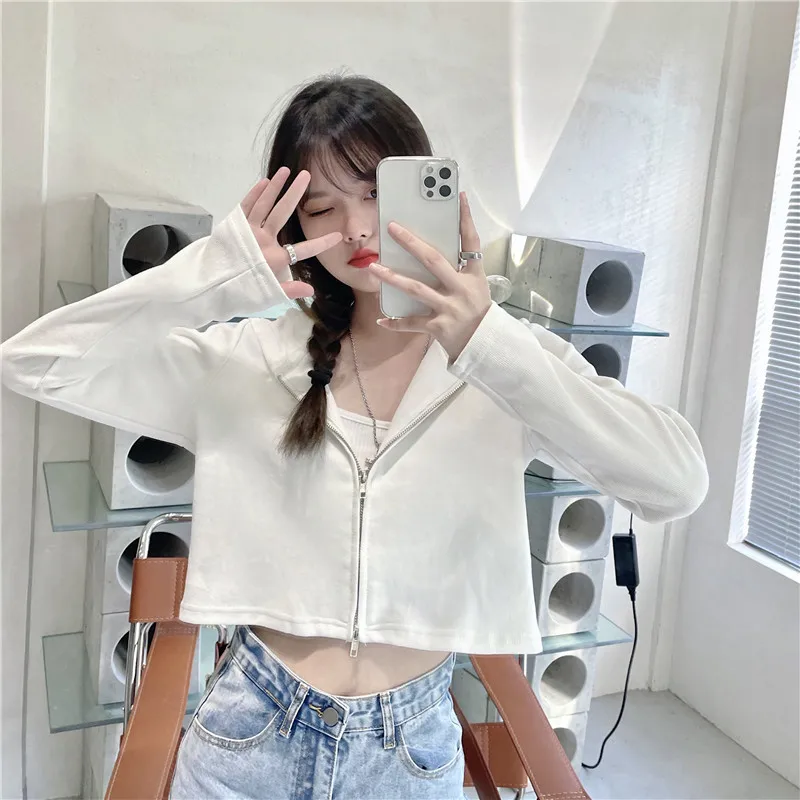 

Short Open Cardigan Hooded Jacket Women's Small Size Spring Autumn Korean Style Loose Zipper Thin Top Clothes