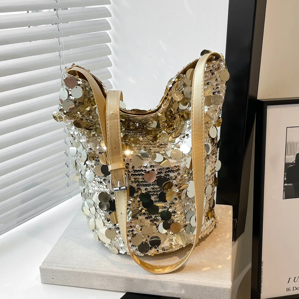 حقيبة كروس كاجوال لامعة بالترتر لامعة بكتف واحد للسهرة حقيبة صغيرة ذات سعة كبيرة على الطراز الكوري حقيبة دلو للعشاء #1