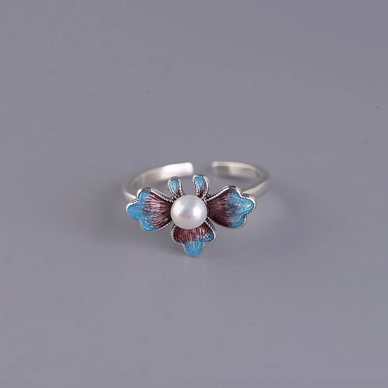 Retro Ethnic Style Blue Lotus Ring For Women Creative Lucky Open Adjustable Geometric Rings Vintage Culture Party Jewelry Gifts