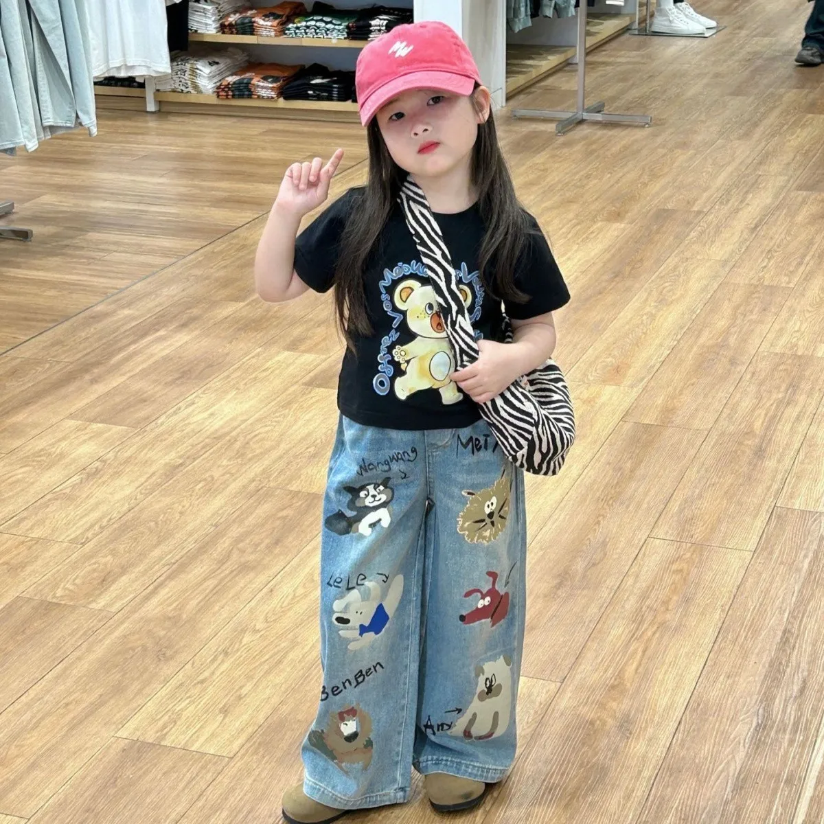 Girls' short sleeved T-shirt set summer outfit new children's cartoon top denim wide leg pants two-piece set