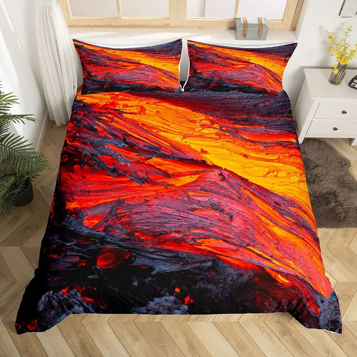 Volcano Eruption Disaster Printed Duvet Cover Pattern Red Yellow Lava Duvet Cover for Adult Boys Men Teen Bedroom Decorations