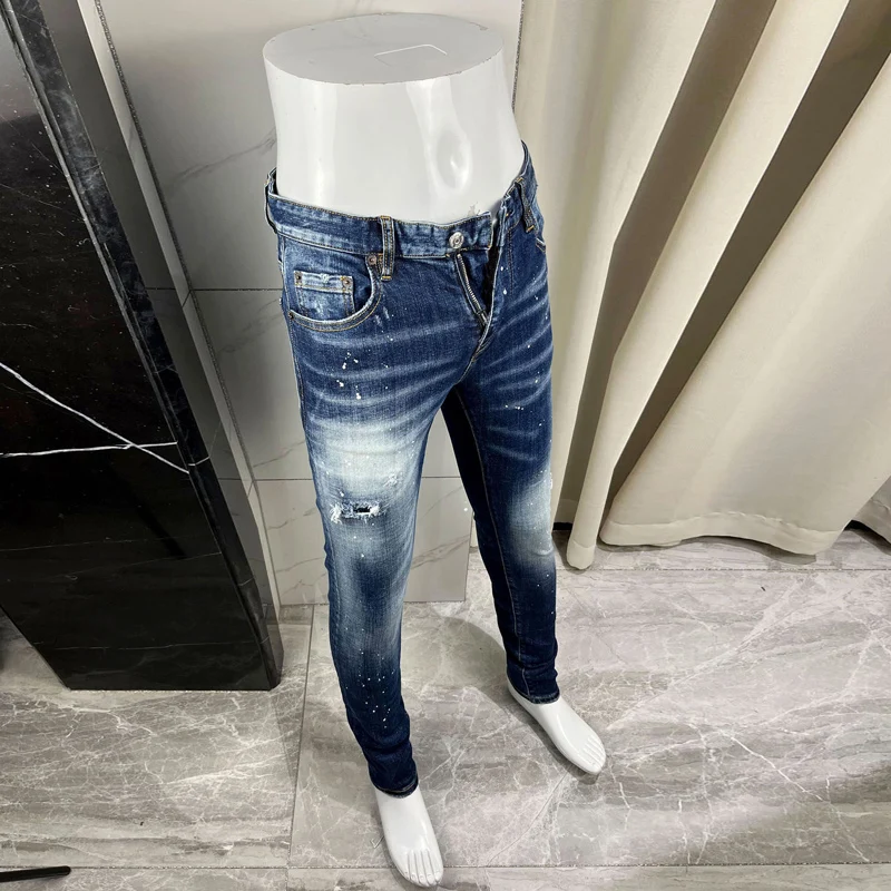 الشارع مصمم أزياء الرجال الجينز عالية الجودة الرجعية الأزرق تمتد سليم صالح ممزق الجينز الرجال العلامة التجارية خمر Y2K الدنيم السراويل Hombre