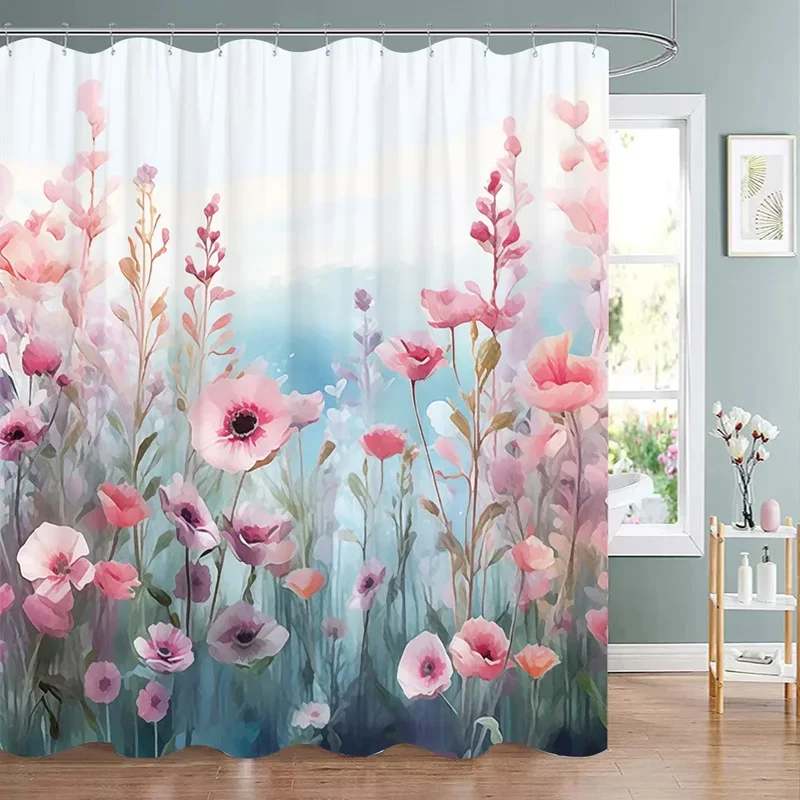 Beautiful Botanical Floral Shower Curtain Watercolour Style Floral Landscape Washable Fabric Shower Curtains Bathroom Decoration