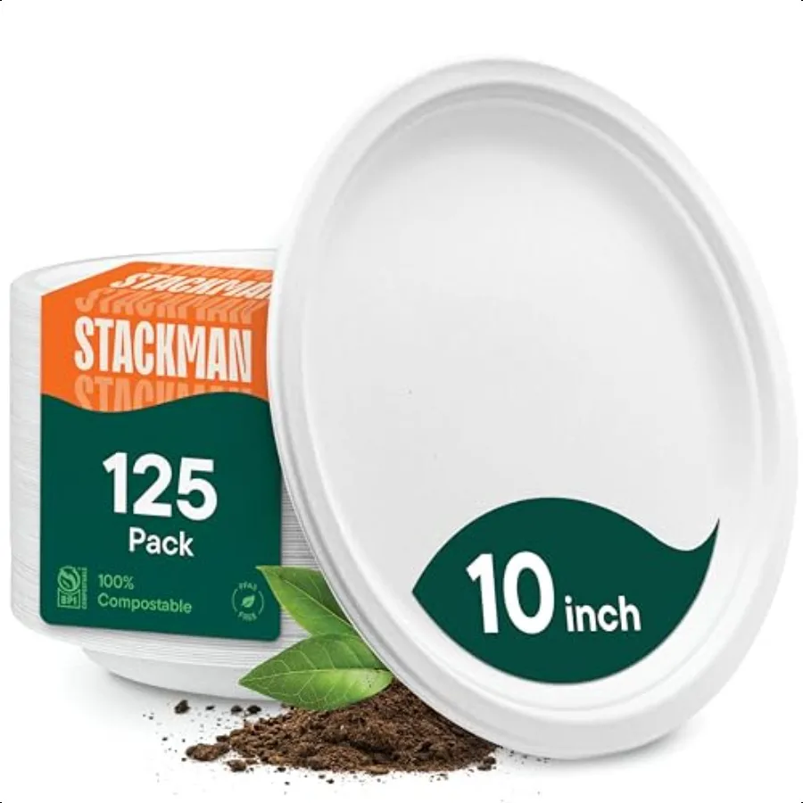 

100 Compostable Paper Plates 10 Inch HeavyDuty [125Pack] EcoFriendly White Bagasse Dinner Plates From Natural Sugarcane 10 Bio