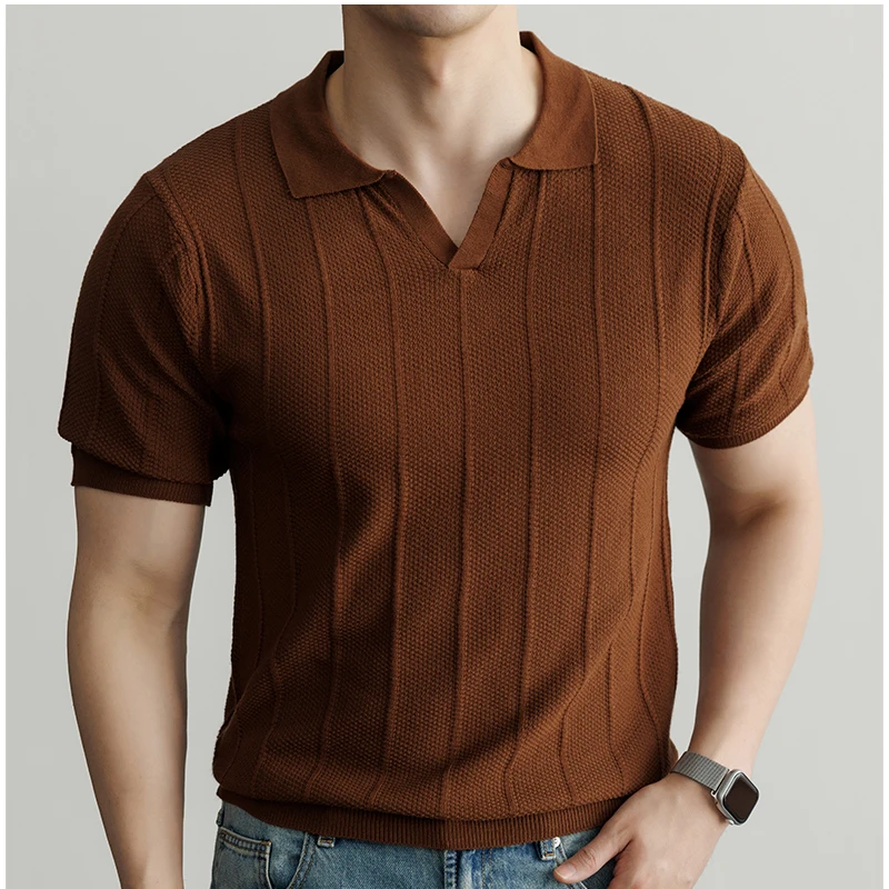 

2026 New Mens Stretch Polo Shirt Short Sleeve V Neck Casual Golf Shorts Polo Solid Color Comfortable Breathable Tops