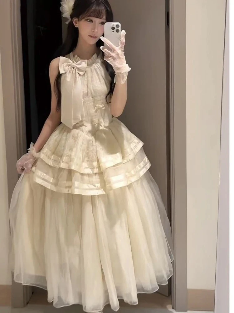 اليابانية الحلو لوليتا نمط المرأة فستان الرسن القوس أكمام الشاش المرقعة فساتين Kawaii فتاة Y2k الجمالية الجرونج Vestidos #1