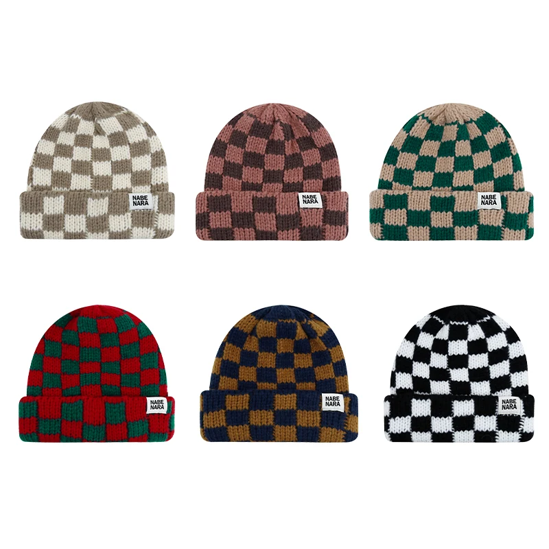 Contrasting Color Plaid Women\'s Hats Autumn and Winter Japanese Retro Street Checkerboard Thickened Warm Cover Knit Beanies Men