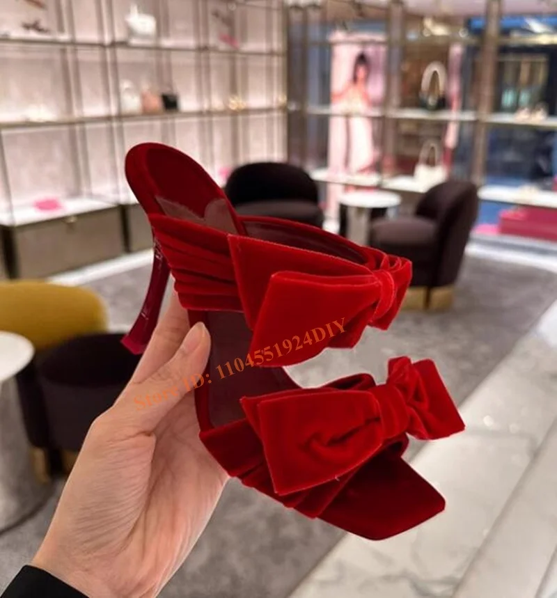 الفاخرة المخملية مزدوجة ربطة العنق عقدة الانزلاق على 6 و 8 سنتيمتر عالية الكعب البغال النساء الخناجر مضخات ربطات القوس فيونكة الشريحة الصنادل أحذية النساء