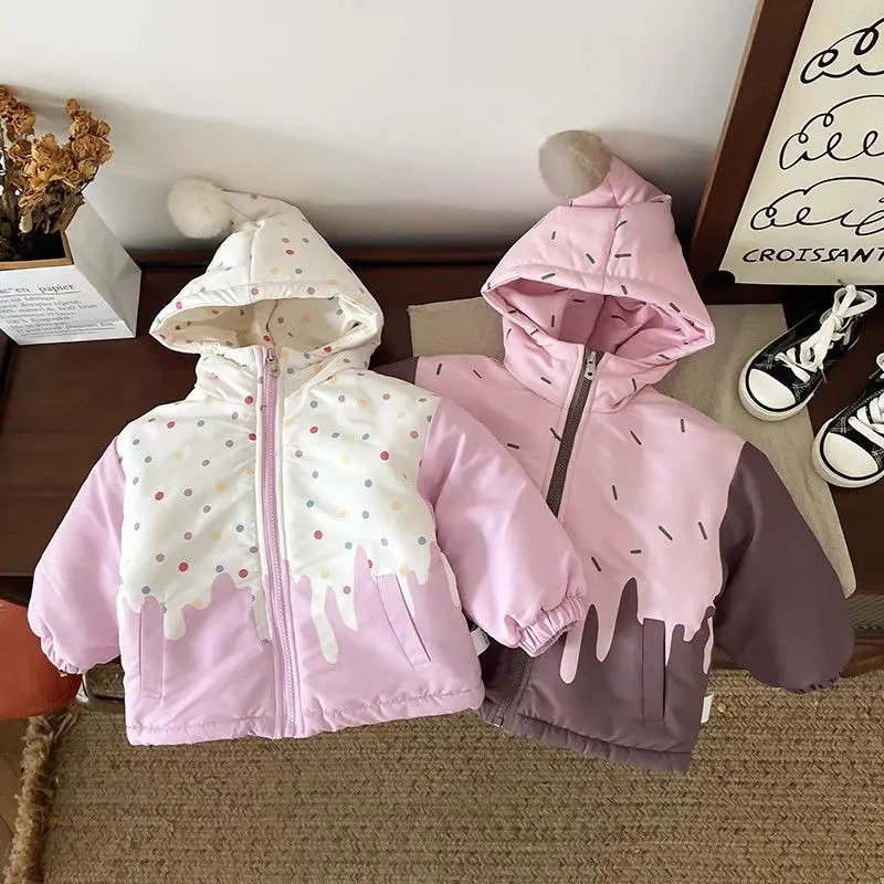 Girls Cotton Jacket 2025 New Korean Children Thin Cotton Jacket Cute for Baby Girls Wearing Hooded Top Outside