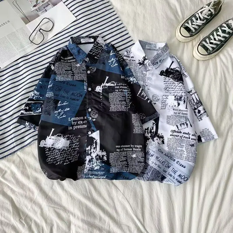 

Loose Short Sleeve Printed Shirt Women's Casual Thin Style Fashionable Couple's Outerwear Men's Standard Fit Polyester Fiber