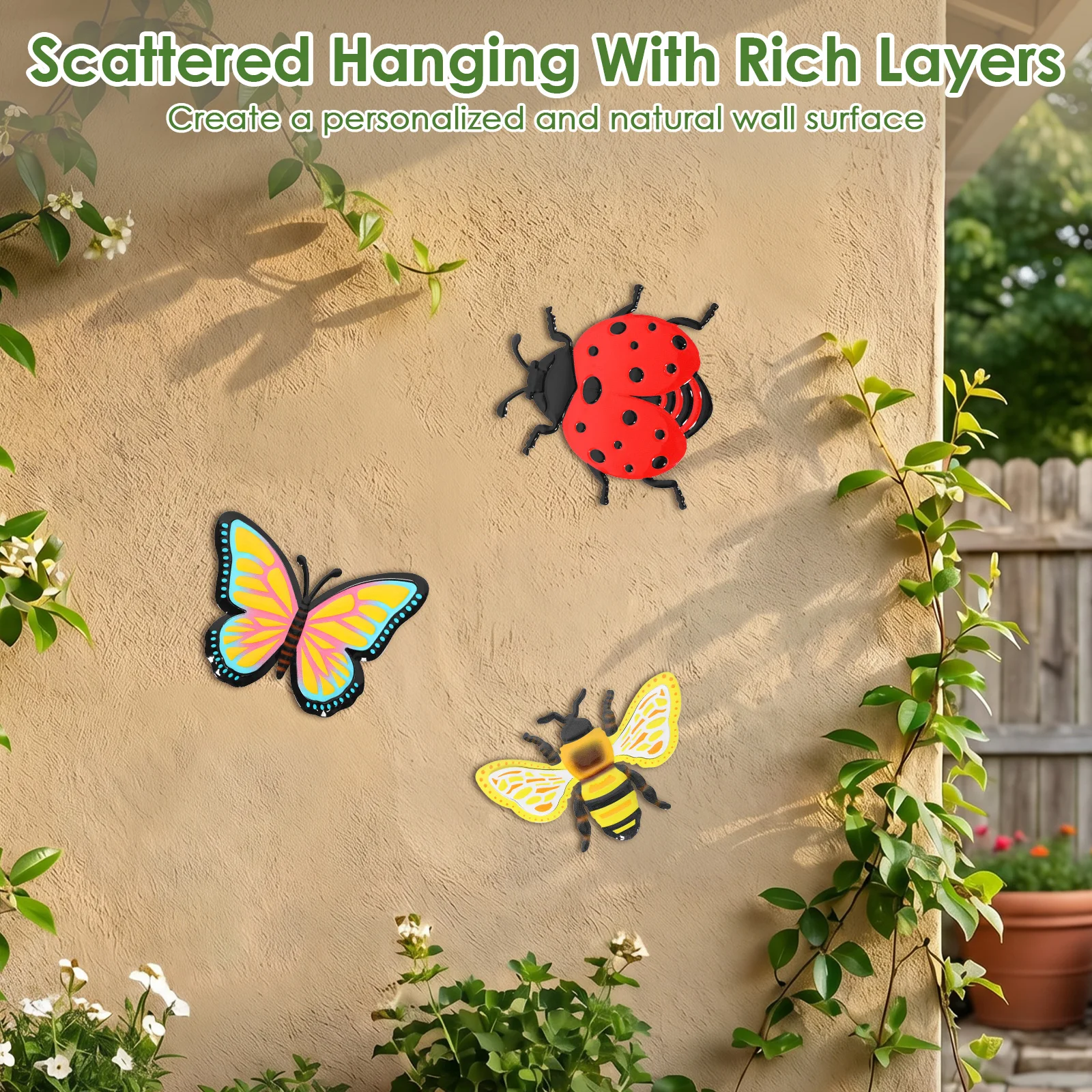 3Pcs Metal Ladybug Wall Art Decor Ladybug Butterflies Bee Shape Wall Ornament for Indoor Outdoor Living Room Garden Wall Decor