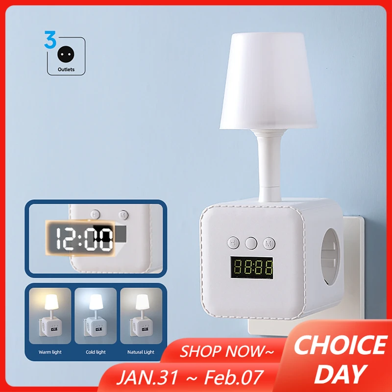 

Удлинитель с 3 розетками, часами и ночником, с дисплеем времени, регулировкой температуры света (три цвета), диммером, сетевой фильтр (стандарт ЕС)