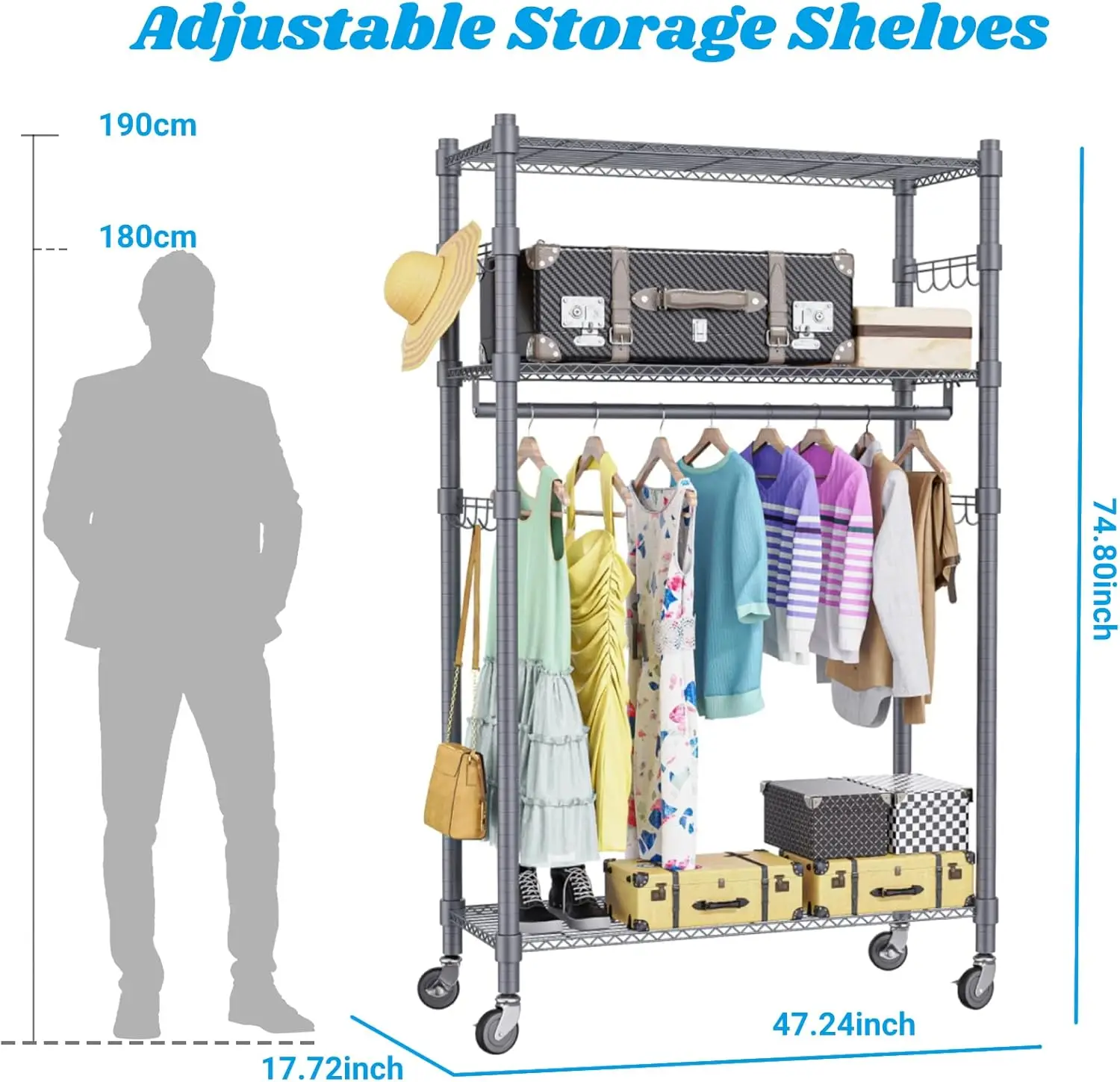 ingRolling Free Standing Closet with Lockable Wheels, 1 Hanging Rod