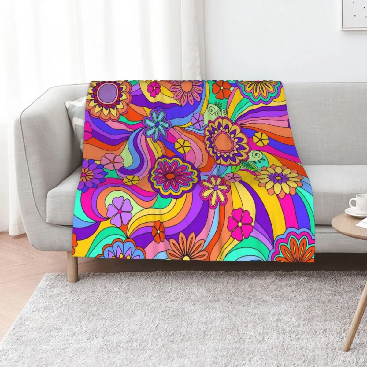 Groovy Psychedelic Flower Power Throw Blanket Soft Sherpa Fleece Warm Blanket for Winter