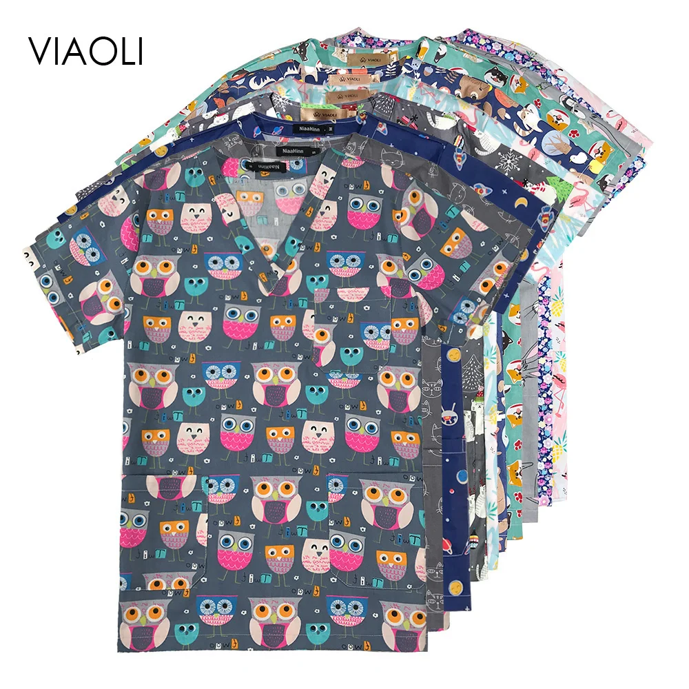 

High Cartoon Print Surgical Uniforms Phary Hospital Nurse Scrubs Tops Breathable Beauty Salon Dentistry Pet Doctor Overalls