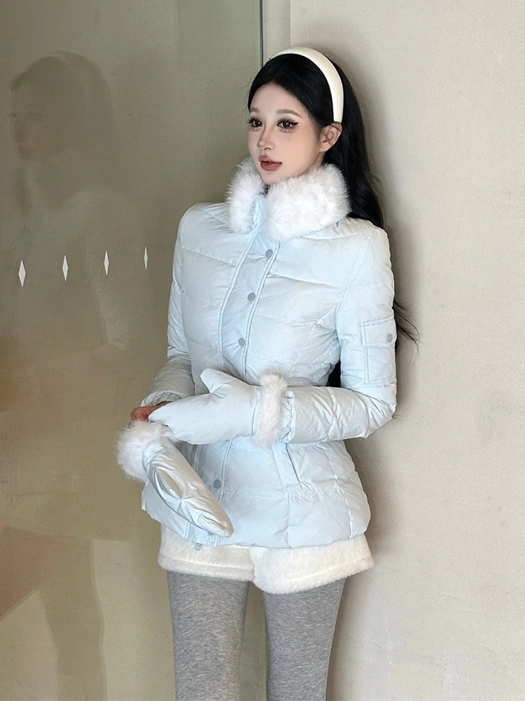 REDDACHiC Faux Fur Collar Women Down Jacket Furry Cuffs Gloves Slim Full Zip Cropped Quilted Coat Korea Casual Winter Outerwear