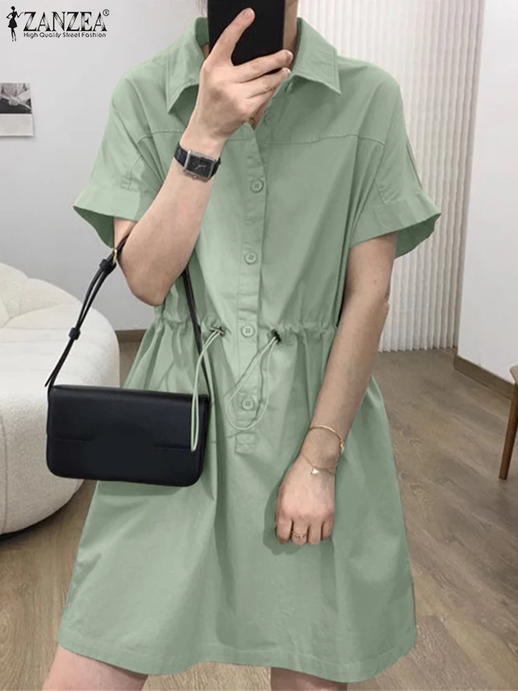 Mode Sommer Revers Hals Kurzarm Sommerkleid Frauen Overalls Kleid 2025, ZANZEA Stilvolle Arbeit Kleid Casual Solide Tasten Vestido