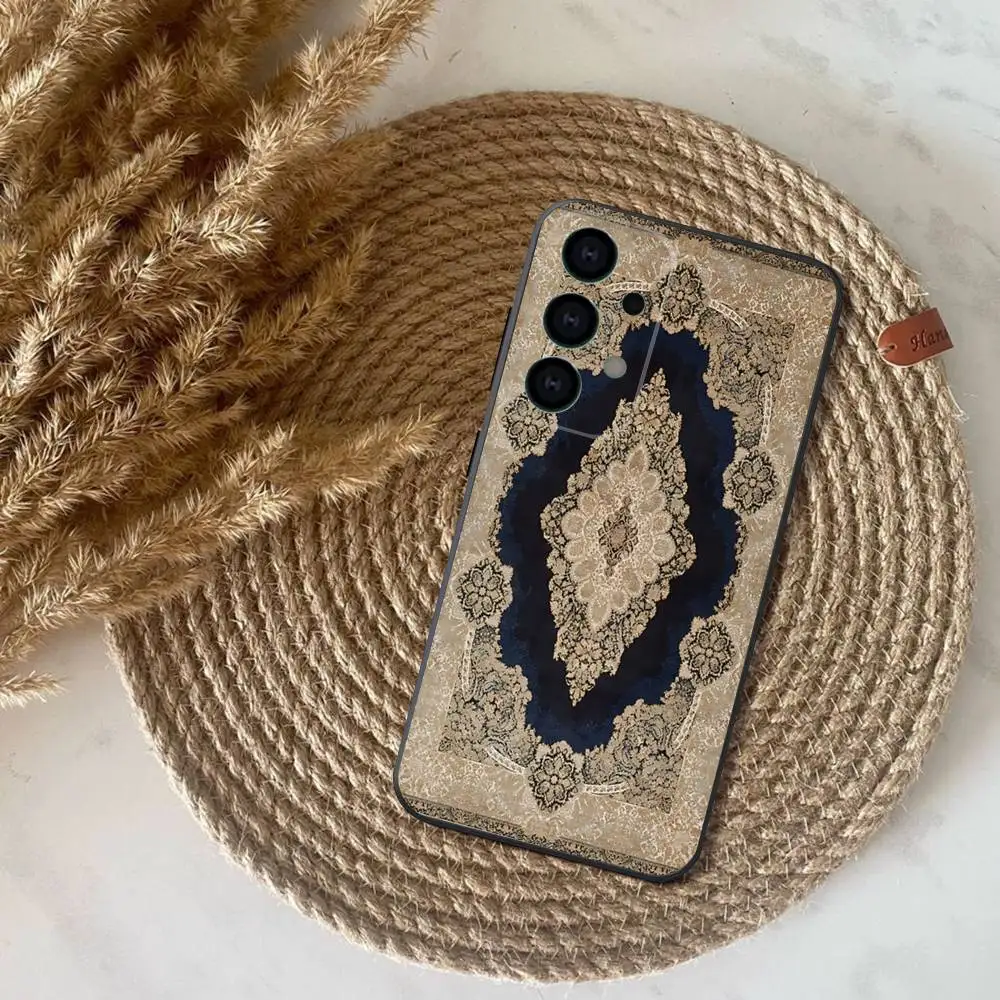 Perzisch tapijt bloemenpatroon telefoonhoesje voor Samsung S25, S24, S21, S22, S23, S30, Ultra, S20, Plus, Fe, Lite, Note, 10,9,5G zwarte cover