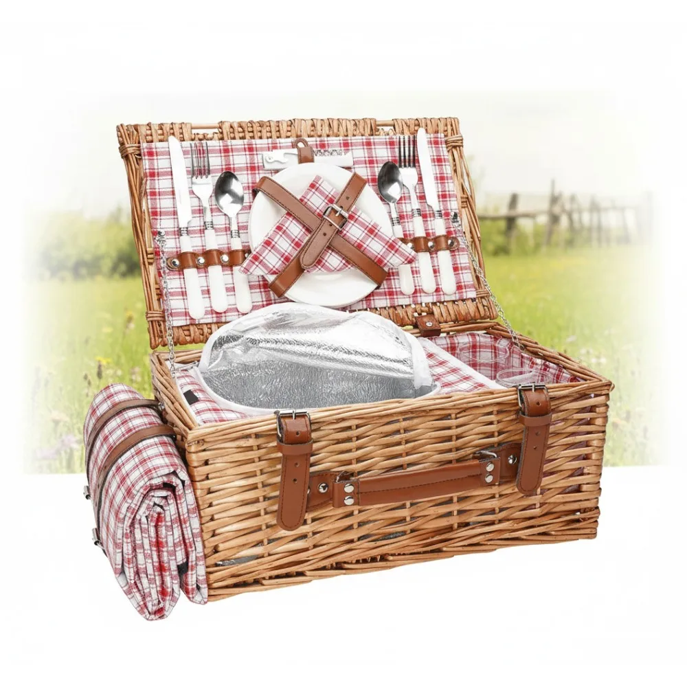 

2-Person Willow Picnic Basket Set with Waterproof Blanket & Insulated Cooler for Camping, Wedding