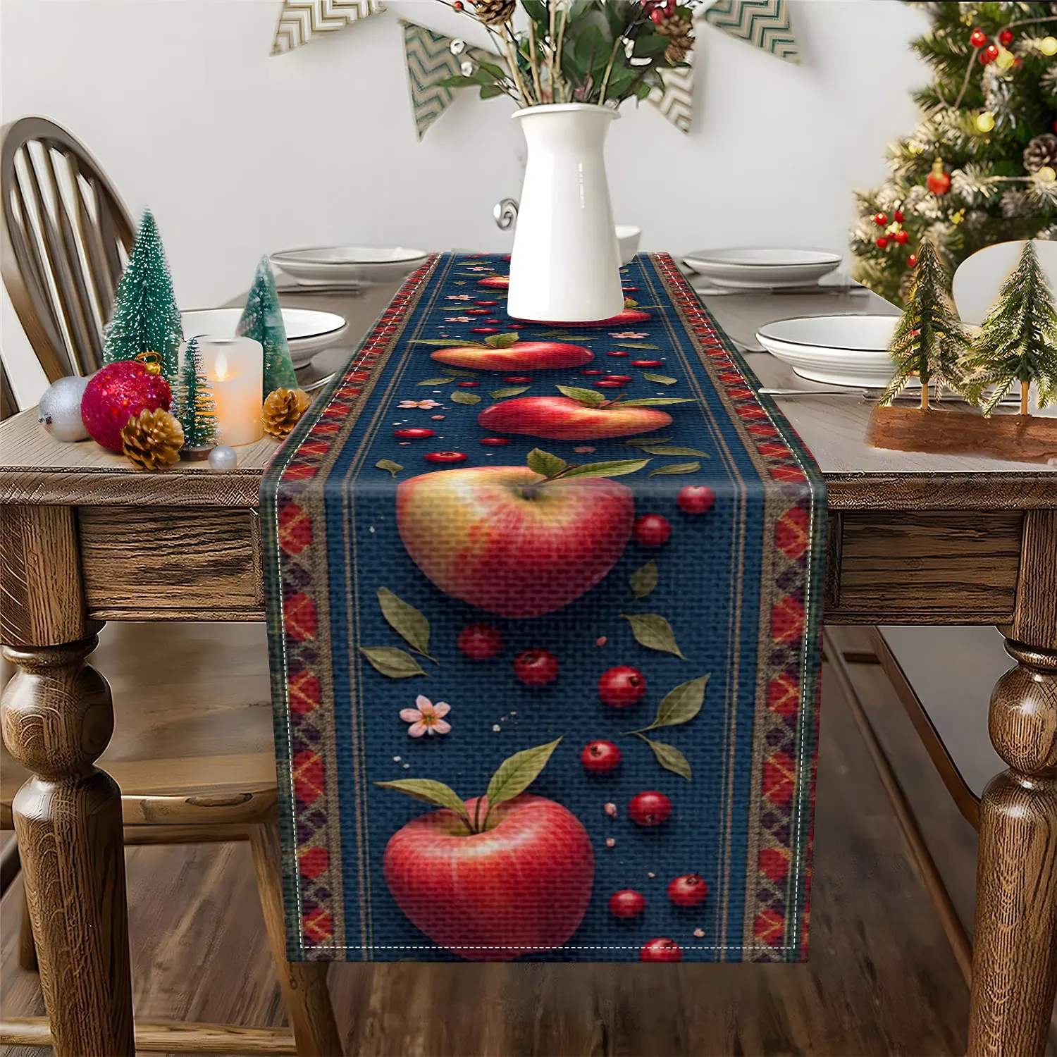 1 Piece of Harvest-Themed Table Runner with Apple, Cranberry, and Other Patterns, Suitable for Autumn Family Gatherings and Country-Style Decoration