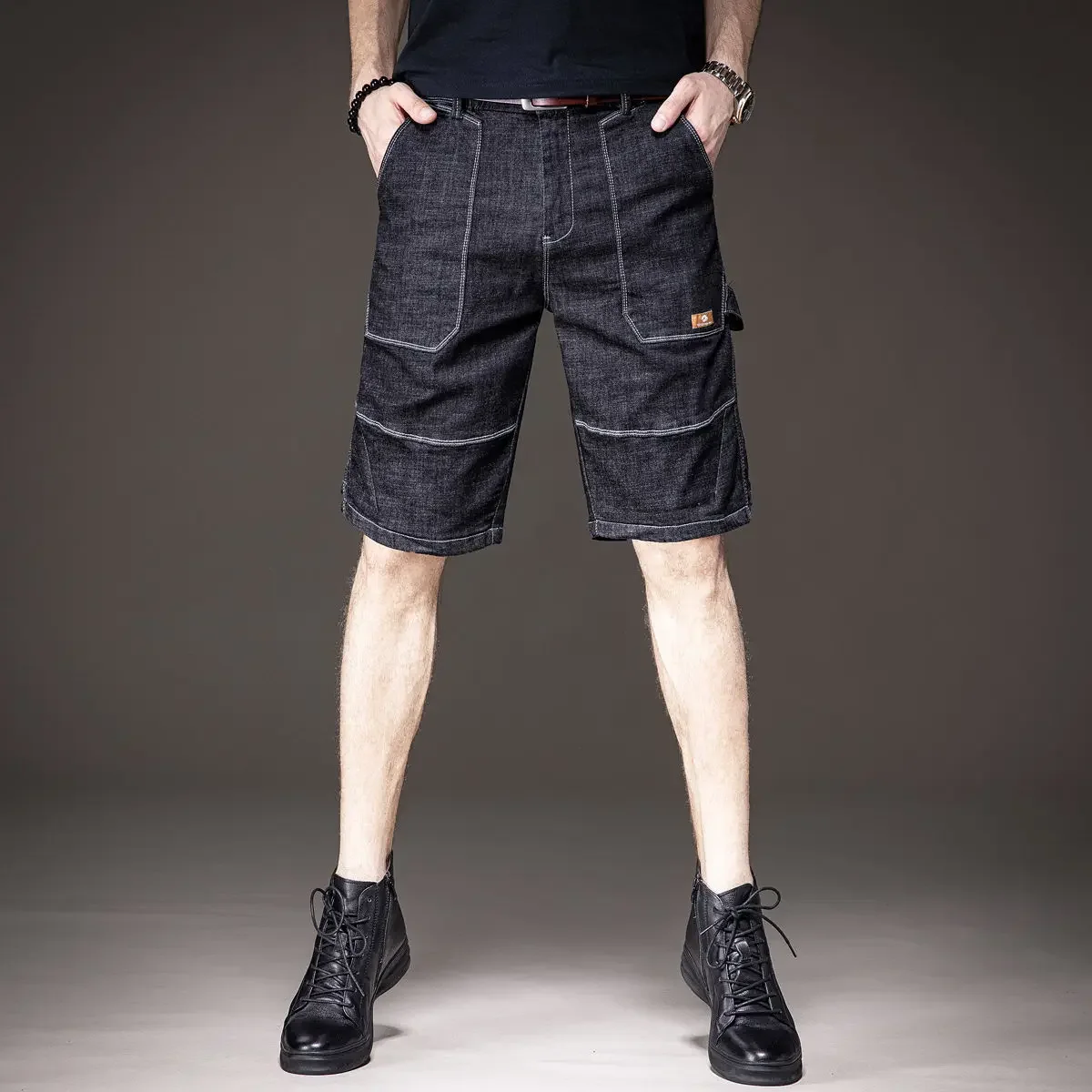 

Baggy Long Loose Bermuda Wide Male Denim Shorts with Pockets Half Luxury Blue Buttons New in Vintage Xl Men's Short Jeans Pants