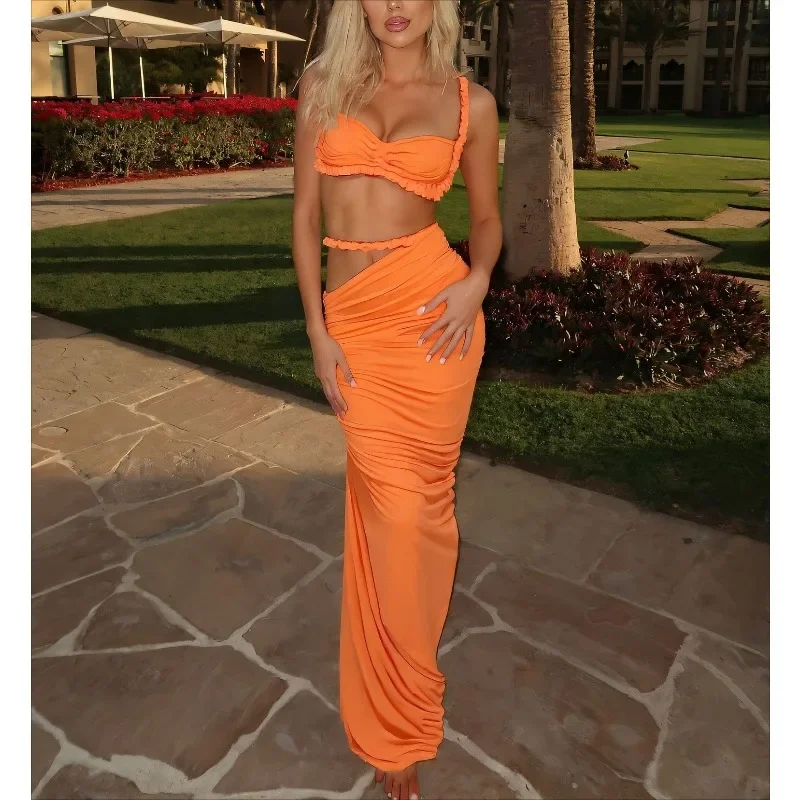 

Сексуальный бандажный комплект из 2 предметов с рюшами, женский бюстгальтер с квадратным воротником + узкие длинные юбки, трендовые костюмы для отдыха, пляжной вечеринки, дня рождения