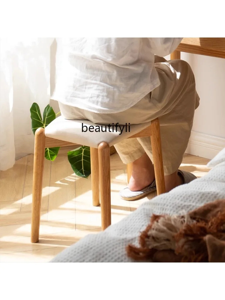 Solid Wood Makeup Stool Oak Soft Fabric Covered Stool Modern Minimalist Dressing Table Stool Home Bedroom Dressing Stool